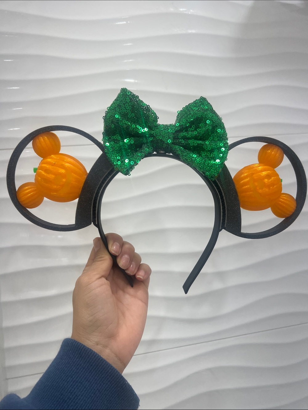 Disney Green Sequin Bow Mickey light up Pumpkin Ears Headband